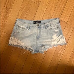 Hollister Light Blue High Rise Denim Shorts with Lace Detail